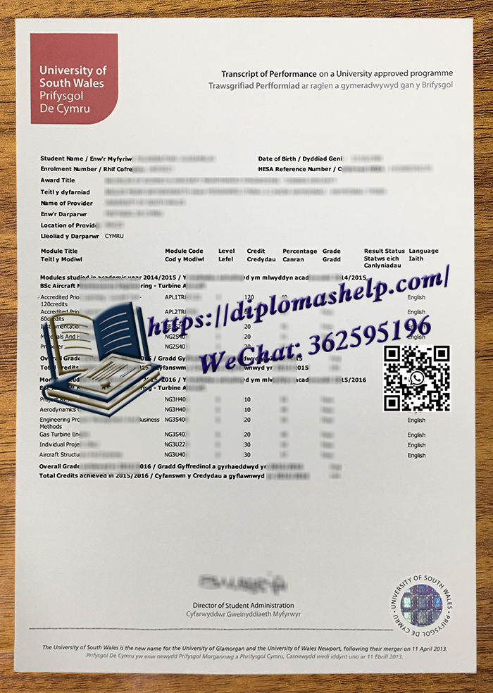 南威尔士大学成绩单