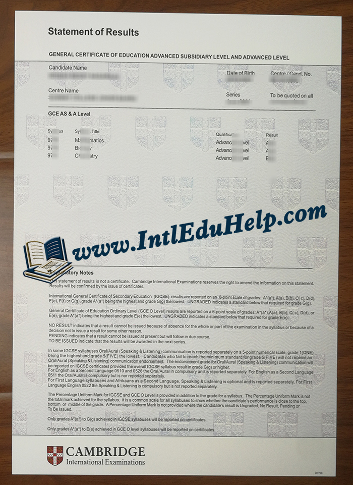 Cambridge GCE transcript