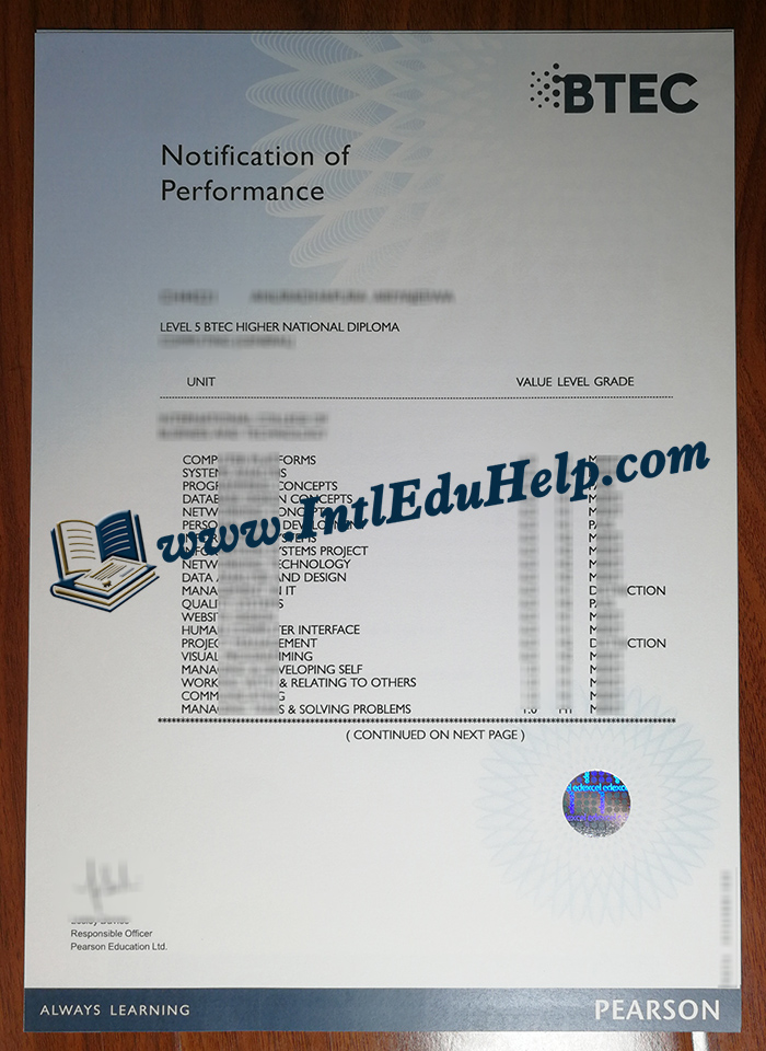 Pearson BTEC transcript