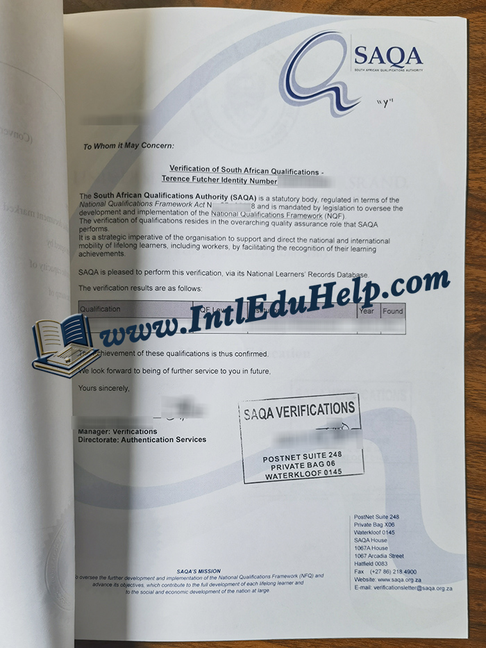 SAQA certificate