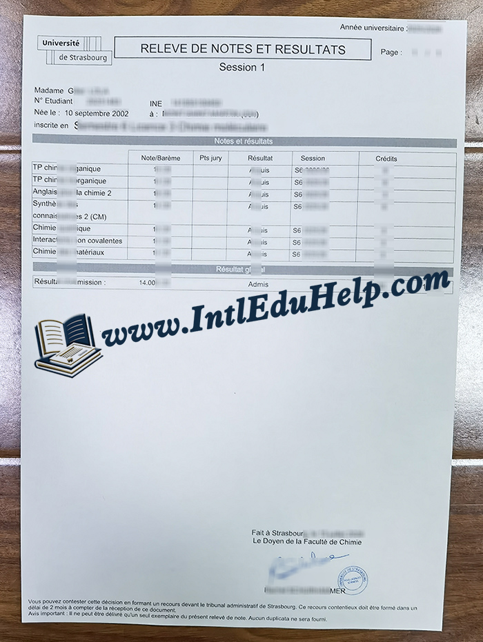 斯特拉斯堡大学成绩单