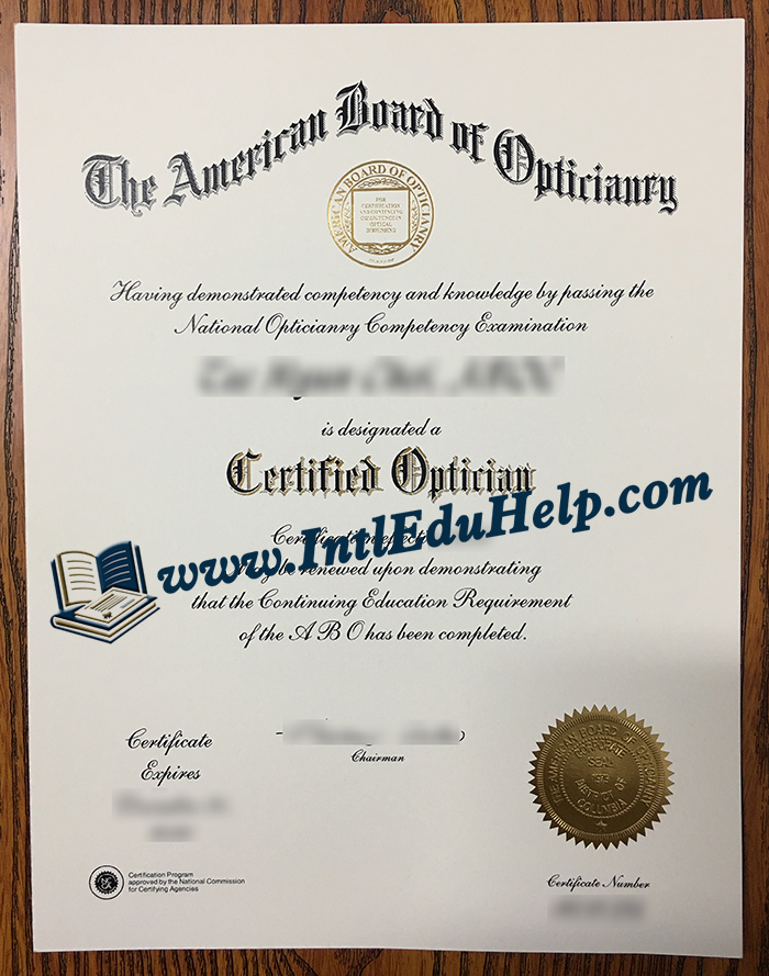 American Board of Opticianry certificate