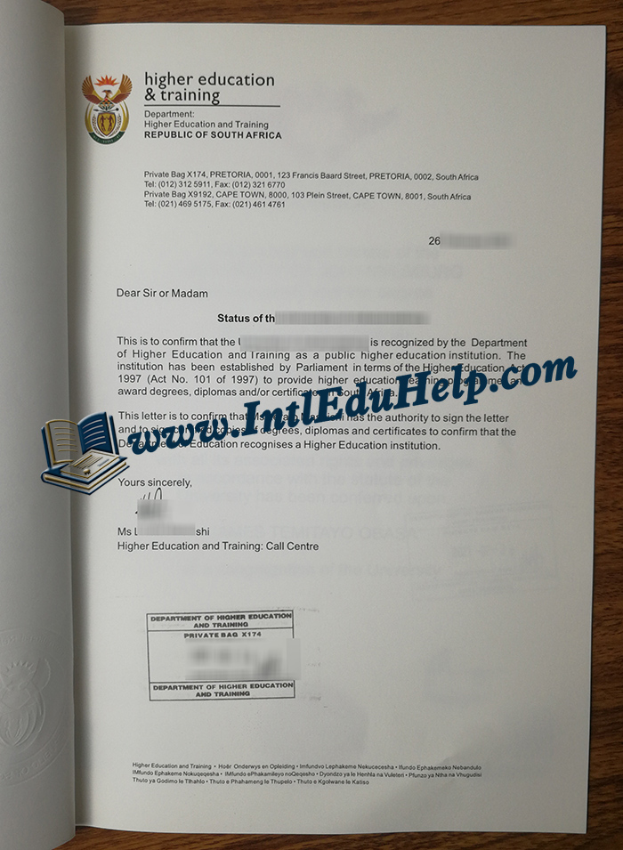 South Africa DHET letter