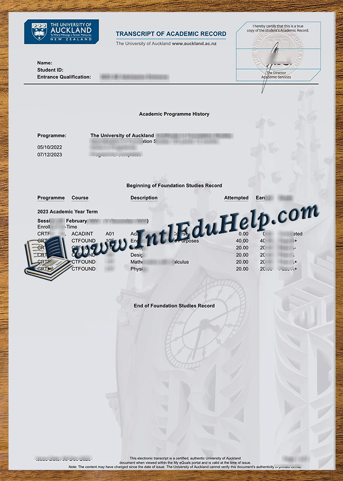 University of Auckland transcript