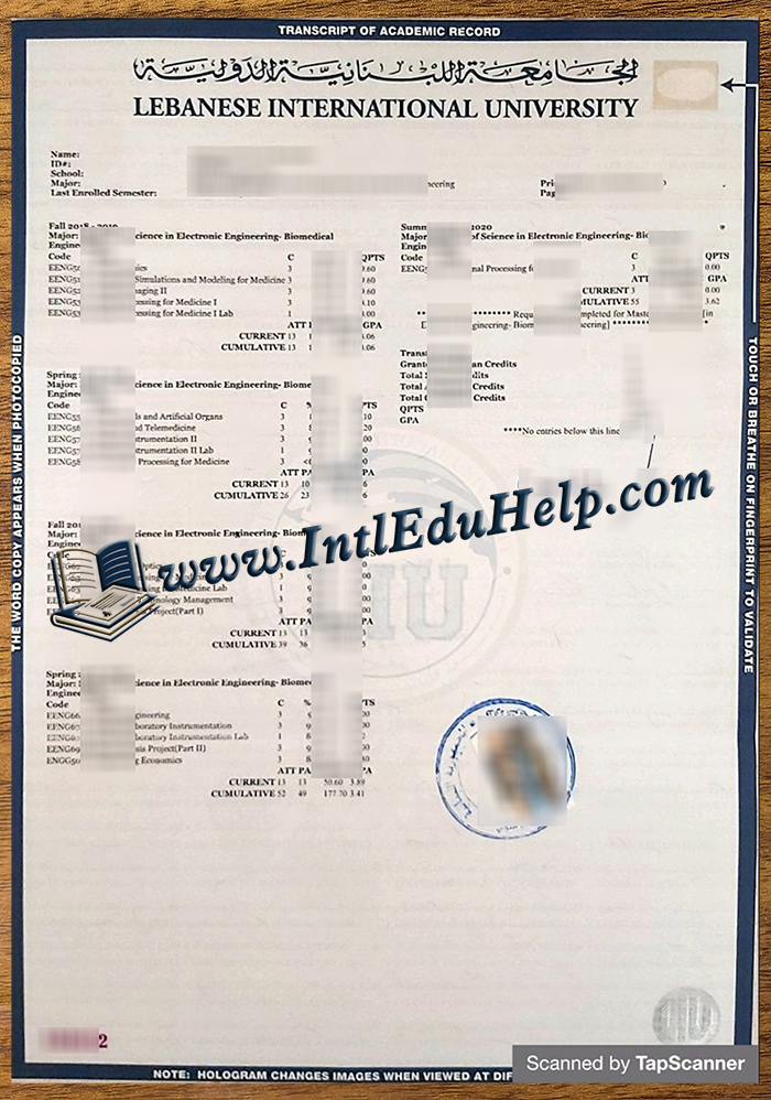 Lebanese International University transcript